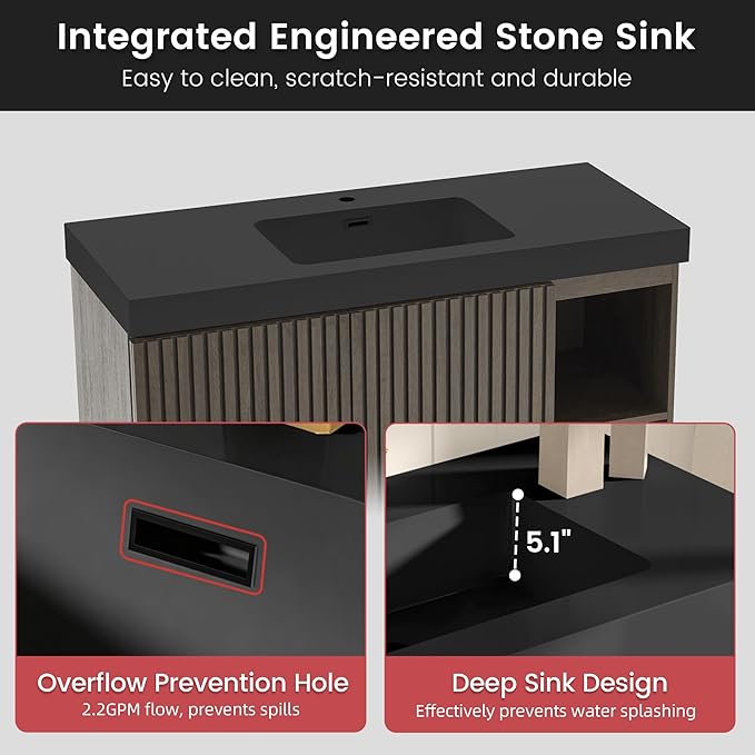 48" Bathroom Vanity with Sink, Freestanding Single Sink Bathroom Vanity with Black Engineered Stone Top & Open Side Storage, Soft-Closing Doors with Adjustable Shelf, Smoked Oak Brown
