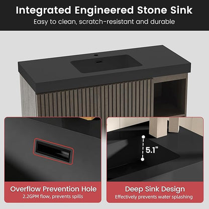 48" Bathroom Vanity with Sink, Freestanding Single Sink Bathroom Vanity with Black Engineered Stone Top & Open Side Storage, Soft-Closing Doors with Adjustable Shelf, Smoked Oak Brown
