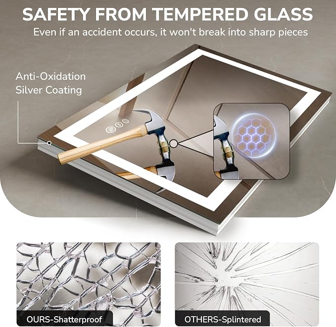 LED Bathroom Mirror 24x36 Inch Tempered Glass - Frameless LED Backlit Lighted Mirror for Bathroom Vanity with Anti-Fog, 3 Colors Dimmable, Memory Function, Wall-Mounted | Tempered Glass - Frameless Backlit Lighted Mirror for Bathroom Vanity with Anti-F...