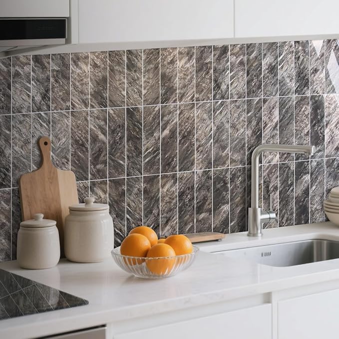 AULIGET 4-Piece Polished Brown Peel and Stick Backsplash Wall Tiles, 3" x 12" PVC Faux Stone Stick on Tiles for Backsplash Kitchen, Bathroom, Laundry Room, Camper, Fireplace