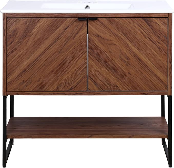 JONATHAN Y VAN1015B Juhl 35 in. W x 18 in. D x 33 in. H Chevron-Front Modern Minimalist 2-Shelf Bathroom Vanity Cabinet Only with Soft Closing Doors (Sink Basin Not Included), Walnut