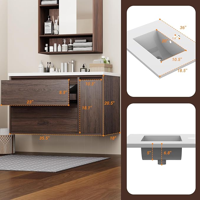 36-inch Luxury Bathroom Vanity with Sink, Stunning Walnut Finish, 2 Large Drawers & Hidden Storage, Invisible Handles, Moisture-Resistant. Ideal for Bathroom remodel and Upgrade.