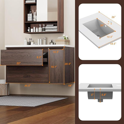 36-inch Luxury Bathroom Vanity with Sink, Stunning Walnut Finish, 2 Large Drawers & Hidden Storage, Invisible Handles, Moisture-Resistant. Ideal for Bathroom remodel and Upgrade.