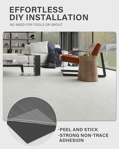 12" x 12" Peel and Stick Floor Tile, 10 Tiles Water-Resistant Vinyl Flooring, Grayish White Marble Peel and Stick Tile for Kitchen, Bedroom, Self Adhesive DIY Floor Tiles