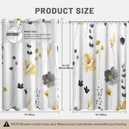 No Hook Floral Shower Curtain with Liner, Yellow Gray, 71x74 | Snap in Liner, 3 in 1, Water Repellent, Easy Install, Machine Washable, Hotel Style for Bathroom, Watercolor Pattern