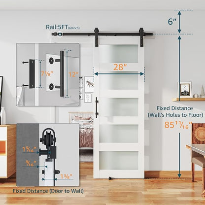 28'' x 84'' Glass Barn Door and 5Ft Hardware Kit Included White | MDF White Barn Door Slab with Frosted Glass, PVC Surface, Combined with Handle and Floor Guide-Assembly Required