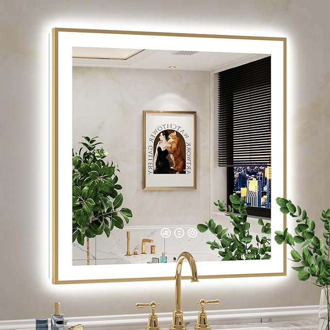 32x32 Inch LED Bathroom Mirror with Lights (Front Lit and Backlit) Gold Framed Lighted Vanity Mirror for Bathroom Wall Dimmable Anti-Fog Memory Tempered Glass Horizontal/Vertical