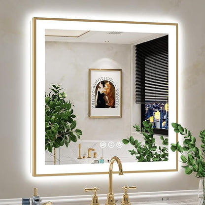 32x32 Inch LED Bathroom Mirror with Lights (Front Lit and Backlit) Gold Framed Lighted Vanity Mirror for Bathroom Wall Dimmable Anti-Fog Memory Tempered Glass Horizontal/Vertical