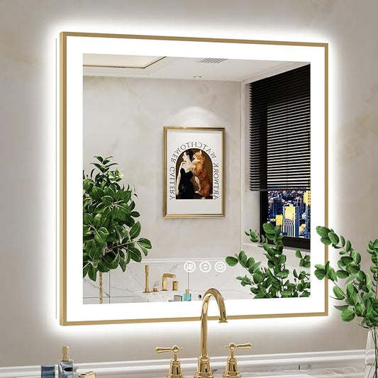 32x32 Inch LED Bathroom Mirror with Lights (Front Lit and Backlit) Gold Framed Lighted Vanity Mirror for Bathroom Wall Dimmable Anti-Fog Memory Tempered Glass Horizontal/Vertical