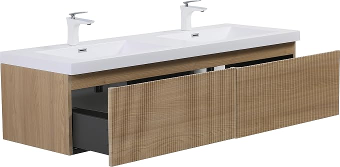 60 Inch Floating Bathroom Vanity with Double Sink, Modern Oak Wall Mounted Floating Vanity with Glossy Resin Sink and 2 Soft Closing Drawers, Fully Pre Assembled Bathroom Vanity, Natural Oak