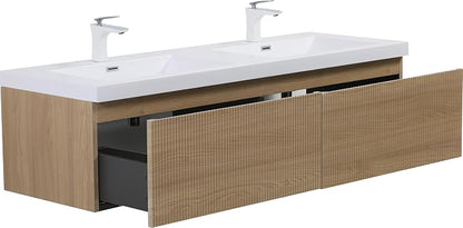 60 Inch Floating Bathroom Vanity with Double Sink, Modern Oak Wall Mounted Floating Vanity with Glossy Resin Sink and 2 Soft Closing Drawers, Fully Pre Assembled Bathroom Vanity, Natural Oak