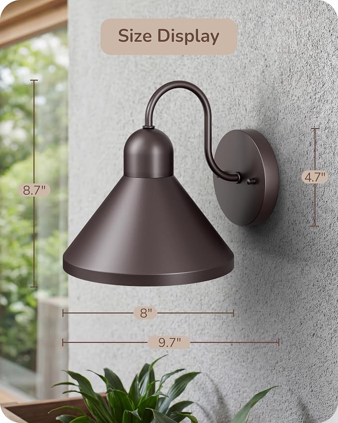 EDISHINE 2 Pack 8" Gooseneck Barn Outdoor Wall Light, Farmhouse Porch Light | Hardwired, E26 Socket, Brown Wall Mount Lantern for Porch, Entryway, Garage, Garden, Patio