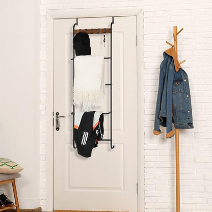 Over the Door Towel Rack Over The Door Towel Bar for Bathroom | Back of Door Towel Rack, 5 Tier Over The Door Towel Bar with Hooks, Black Door Rack Hanger, Stable Suction Cup Design