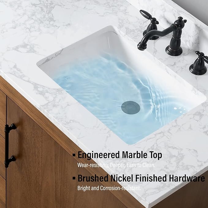 Vanity Art 72 inch Double Sink Bathroom Vanity, Modern Wood Bath Vanity with Carrara Marble Top, Vanity Cabinet with Doors, Removable Shelf, Solid Wood Frame, Tan, VA7072DE