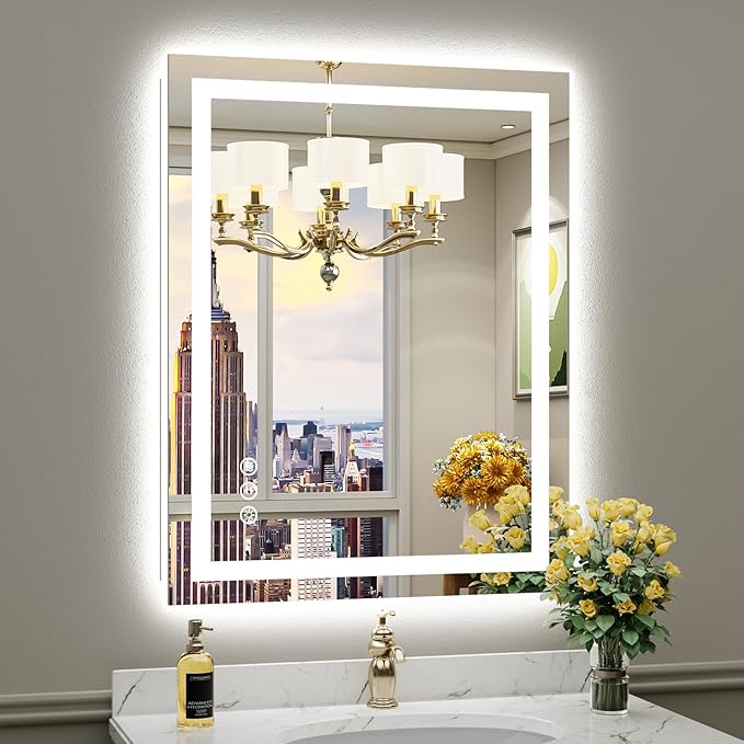 28x36 Inch LED Bathroom Mirror with Lights, Backlit & Front Lit, Anti-Fog Lighted Bathroom Vanity Mirror for Wall, Memory Function, Dimmable, HD Tempered Glass, Shatter-Proof