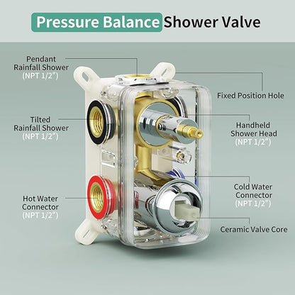 Shower Faucet Set Shower System - SR SUN RISE Polished Chrome Shower Trim Kit with Dual Shower Head, 12'' Ceiling Rainfall 6'' Wall Mount with Handheld Shower for Couples, Complete 6 Diverter Valve