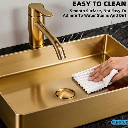 Brushed Gold Bathroom Vessel Sink: 20"x14" Rectangular Vanity Washbasin | Modern Above Counter Sinks with Stainless Stee PVD Coating Pop Up Drain for Home Hotel Office Toilet Renovation Decoration