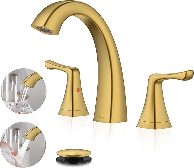 KENES Gold Bathroom Faucets for Sink 3 Hole, Brushed Gold 8 Inch 2 Handle Widespread Bathroom Faucet, Bathroom Vanity Faucet with Pop Up Drain & Supply Lines, LJ-9075-4