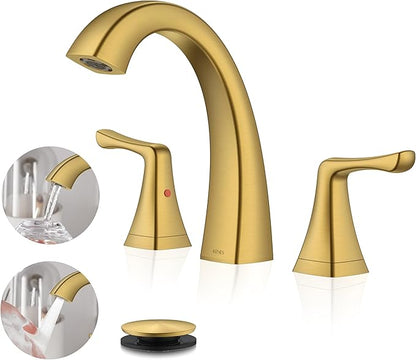 KENES Gold Bathroom Faucets for Sink 3 Hole, Brushed Gold 8 Inch 2 Handle Widespread Bathroom Faucet, Bathroom Vanity Faucet with Pop Up Drain & Supply Lines, LJ-9075-4