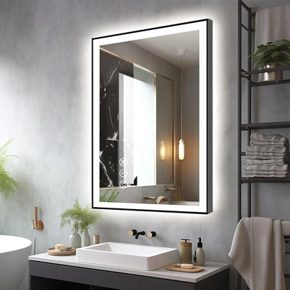 EchosLife 24x32 LED Bathroom Mirrors for Wall - Black Aluminum Framed | Black Frame, Front and Backlit, Anti-Fog, Stepless Dimmable, 3 Colors, Memory, Tempered Glass, UL Listed, Horizontal/Vertical