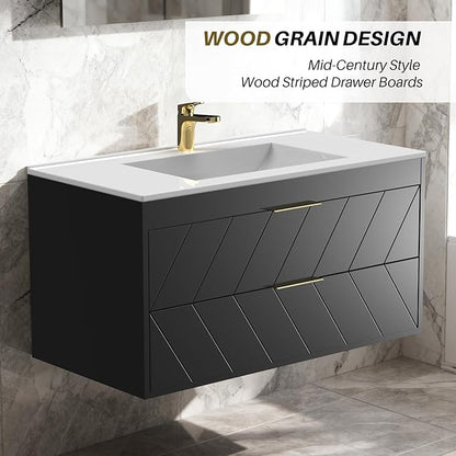 30 Inch Bathroom Vanity with Sink, Modern Floating Bathroom Vanity with Resin Sink, 2 Large Storage Darwers, Wood Grain Texture Wall Mounted Vanity, Gold Handles
