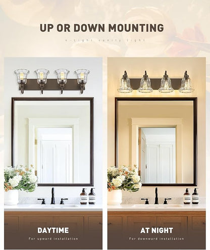 zeyu 4-Light Bathroom Vanity Lighting in Oil Rubbed Bronze Finish, Farmhouse Wall Mount Fixture Over Mirror with Clear Striped Glass, ZJX117B-4W ORB