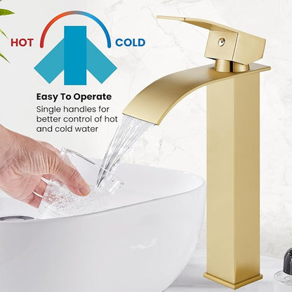 gotonovo Modern Waterfall Tall Bathroom Faucet 1 Hole, Brushed Gold | Vessel Sink Faucet Single Handle 304 Stainless Steel,Pop Up Drain,24" cUPC Supply Line,for Lavatory Vanity Restroom Basin RV