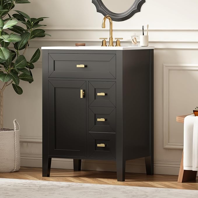 Merax 24 Inch Bathroom Vanities with Undermount Ceramic Sink, Tip-Over Drawer and Side Drawers, Soft Closing Door with Shelf, Solid Wood Frame, Black