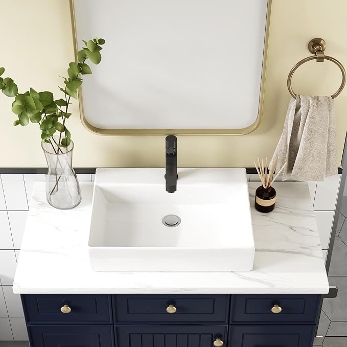 Vessel Sink 24.02x17.72 Inch, Square Ceramic Bathroom Vessel Sink, Drop-In Above Counter Vanity Sink for Bathroom, White Wash Basin Bowl