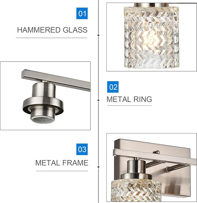 MELUCEE 6 Lights Bathroom Lighting Fixtures Over Mirror Brushed Nickel | Vanity Light with Hammered Glass Shade Indoor Wall Mounted Lamp for Bathroom Bedroom Kitchen