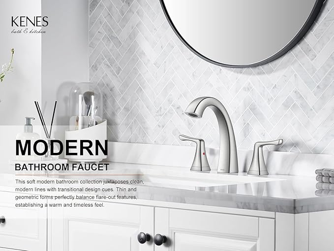 KENES Bathroom Faucets for Sink 3 Hole, Brushed Nickel 2 Handle 8 Inch Widespread Bathroom Faucet, Bathroom Vanity Faucet with Pop Up Drain & Supply Lines, LJ-9075