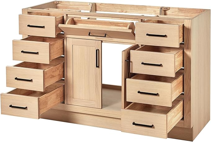 ARIEL Hepburn 54-inch Bathroom Vanity Base Cabinet,Solid Wood, 2 Soft Closing Doors, 9 Dovetail Drawers, White Oak