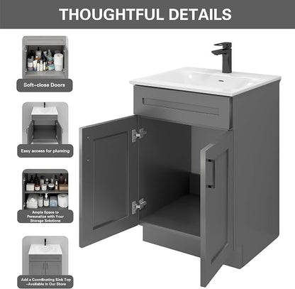 Grey Shaker Sink Base Bathroom Vanity 24"/30"/36" Width (24" Width)