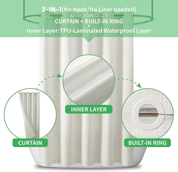 No Hook Waffle Shower Curtain, No Liner Needed Separate, 71x77 Inch, Cream | 100% waterproof TPU-laminated backing, magnetic weighted hem, machine washable, shower curtain set for bathroom or hotel use