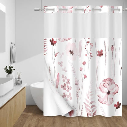 No Hook Floral Shower Curtain with Liner, Burgundy, 71x74 | Snap in Liner, 3 in 1, Water Repellent, Easy Install, Machine Washable, Hotel Style for Bathroom, Watercolor Pattern