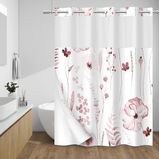 No Hook Floral Shower Curtain with Liner, Burgundy, 71x74 | Snap in Liner, 3 in 1, Water Repellent, Easy Install, Machine Washable, Hotel Style for Bathroom, Watercolor Pattern