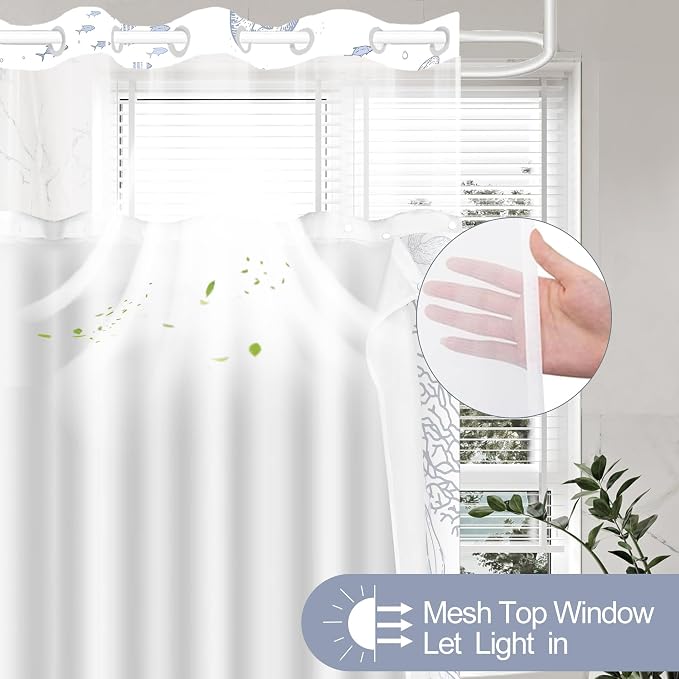 Extra Long No Hook Shower Curtain with Snap in Liner, Beach Ocean Nautical Coastal Shower Curtains and Liner Set for Bathroom, Seashell Fabric Bath Curtain, Waterproof Washable, Grey 71"x84"