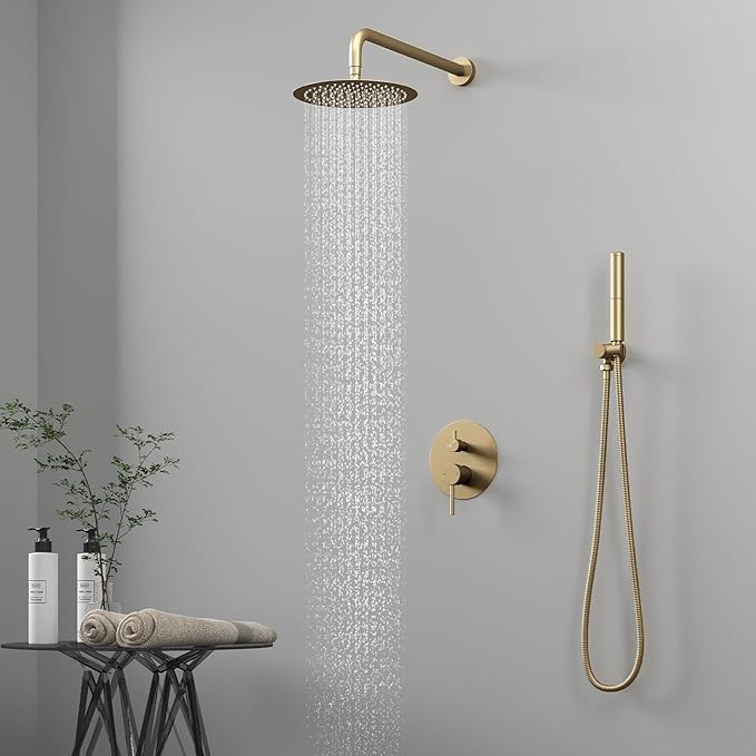 BESy Shower System with 10 Inch Round Rain Shower Head and Handheld Wall Mounted, High Pressure Rainfall Shower Faucet Fixture Combo Set with 2 in 1 Handheld Showerhead for Bathroom, Gold
