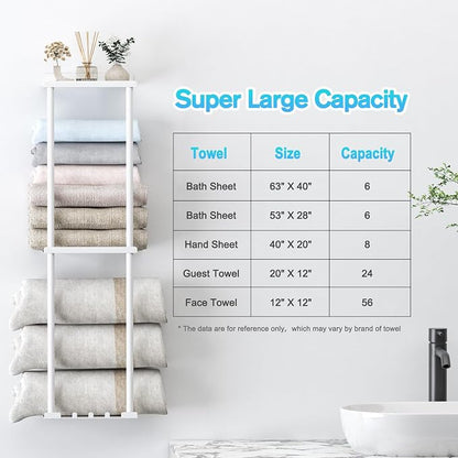 Liuoud Towel Rack for Bathroom, Wall Mounted Vertical Rolled Towel Storage Organizer Holder with Shelf, Holds Up 6 Large Bath Sheets, White