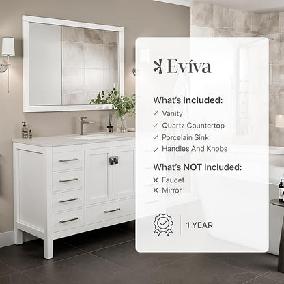 Eviva London 54 Inch Bathroom Vanity with Countertop, White Vanity Bathroom Sink Cabinet W/Quartz Countertop Porcelain Single Sink Design for Modern Bathrooms