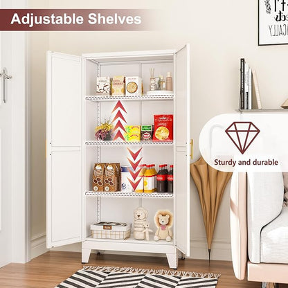 winiowa Metal Pantry Cabinet with 2 Doors and Adjustable Shelves, Kitchen Storage cabinets with Gold Handles, Versatile Storage for Laundry/Living Room,Bathroom,Dinning Room-White