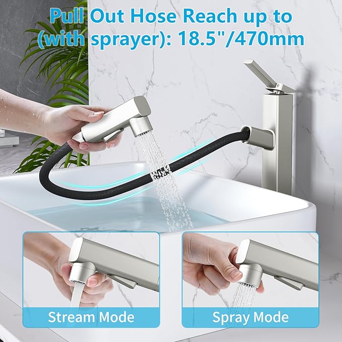 MIAOHUI Vessel Sink Faucet with Pull Out Sprayer, 3 Spray Mode Tall Bathroom Sink Faucet, High Bathroom Faucets for Sink 1 Hole, Single Handle Modern Vanity Faucet with Fountain Mode, Brushed Nickel