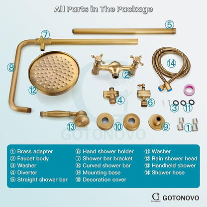 gotonovo Exposed Shower System Wall Mount,Antique Brass,Metal Handheld | 8” Rain Shower Head Faucet Set Fixtures,2 Function,Two Cross Handle,Height Adjustable,for 5-6.7" Hole,Indoor Victorian Retro