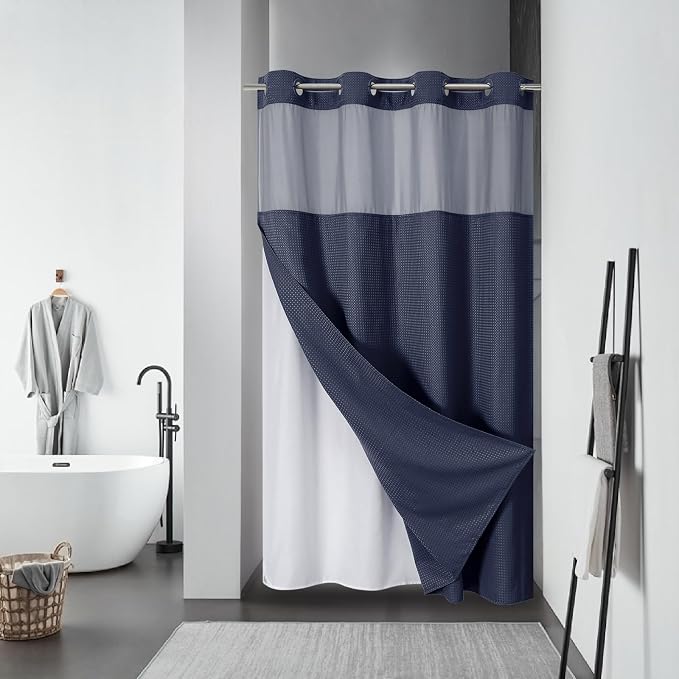 eachope No Hook Waffle Shower Curtain with Snap-in Liner, 54x80 Inch, Navy | 230GSM waffle weave fabric, waterproof liner set with 2 bottom magnets, mesh window, washable, for shower stalls or bathrooms