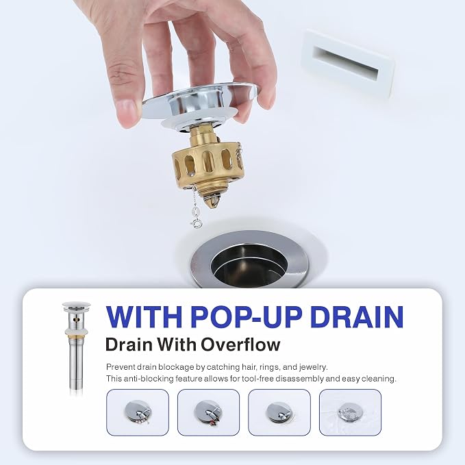 Bathroom Faucet with Sprayer, Chrome Single Hole with Pop-Up Drain | Kablle Single Handle Pull Out 1 or 3 Hole Laundry Bar Basin Faucet with Deck Plate, KBL-7002C-CL