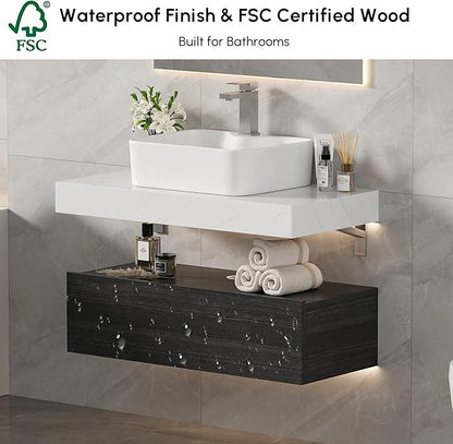 homary 35'' Floating Bathroom Vanity with Sintered Stone Countertop, Wall-Mounted Bathroom Cabinet with Ceramic Sink & Drawer Storage, Waterproof Modern Single Vanity, Black
