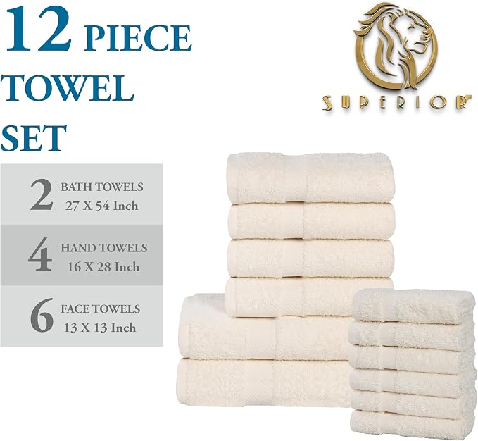 Superior 12-Piece Cotton Assorted Towel Set, Includes 6 Face Towel, 4 Hand, and 2 Bath Towels, Home, Bathroom, Guest Bath Essentials, Quick Dry, Absorbent, Franklin Collection - Ivory