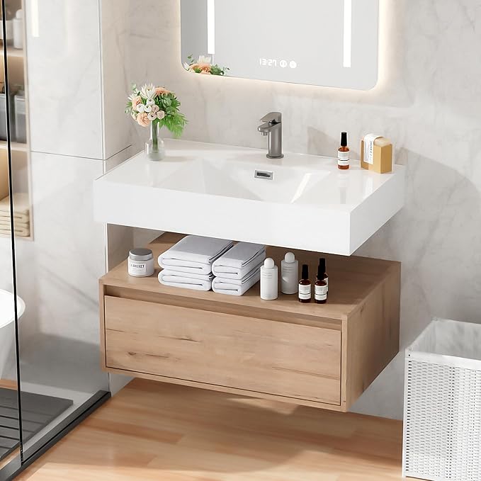 30 Inch Floating Bathroom Vanity with Sink, Modern Wall-Mounted Bathroom Cabinet with Resin Sink & Soft Close Drawer, Split-Level Layout (Nature Oak, 30")