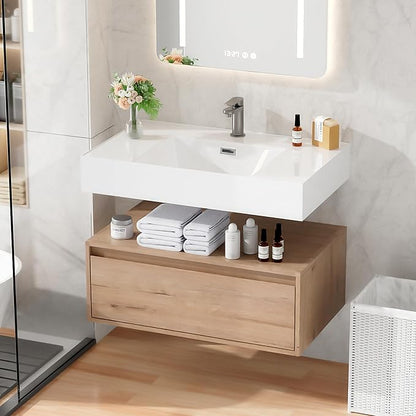 30 Inch Floating Bathroom Vanity with Sink, Modern Wall-Mounted Bathroom Cabinet with Resin Sink & Soft Close Drawer, Split-Level Layout (Nature Oak, 30")