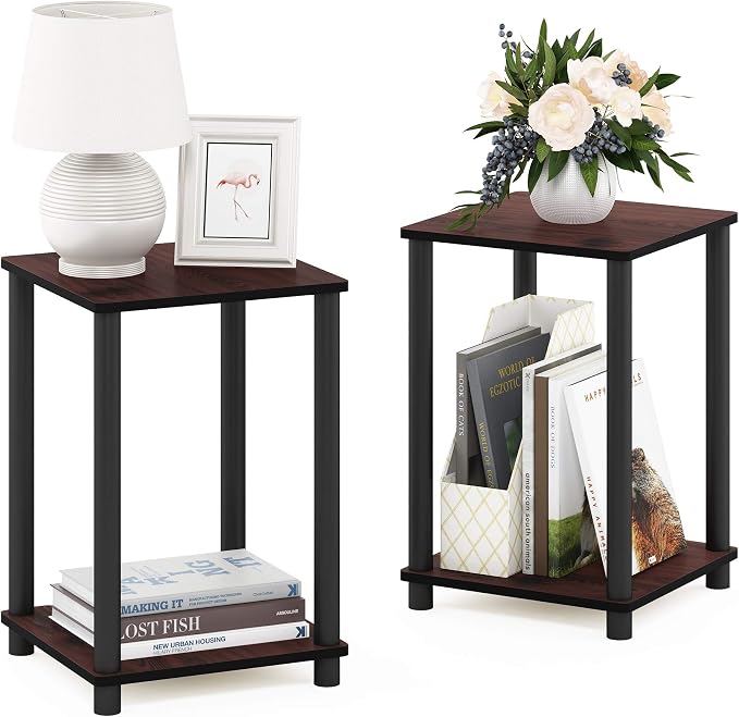 Furinno Turn-N-Tube Toolless Assembly Side Table Set of 2, Stackable 2-Tier Brown End Table with Open Shelf, Night Stand, Bedside Table, for Living Room, Bedroom, Cherry Oak